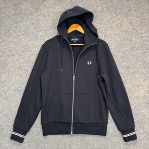 Fred Perry Hoodie Sweatshirt Mens Medium French Terry Navy Blue Jacket Striped